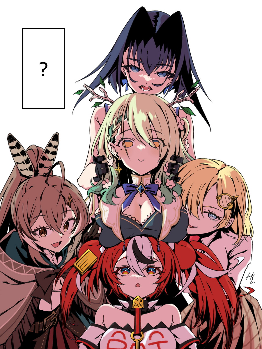 animal_ears antlers bangs black_hair blonde_hair blue_eyes blue_hair bow bow_earrings braid braided_bangs branch breast_rest breasts breasts_on_head brown_eyes brown_hair ceres_fauna earrings feather_hair_ornament feathers flower gloves green_hair hair_flower hair_intakes hair_ornament hakos_baelz highres hololive hololive_english jewelry long_hair looking_at_viewer mole mole_under_eye monocle_hair_ornament mouse_ears mouse_girl multicolored_hair multiple_girls nanashi_mumei open_mouth ouro_kronii ponytail redhead shirt short_hair streaked_hair taka_t twintails very_long_hair virtual_youtuber watson_amelia white_hair white_shirt yellow_eyes