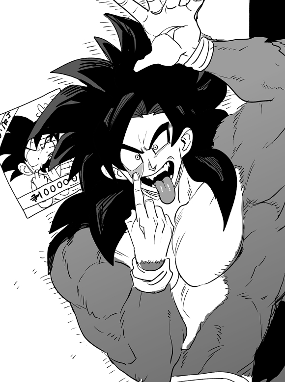 :p ;p black_hair body_fur collarbone dragon_ball dragon_ball_gt greyscale looking_at_viewer monkey_boy monkey_tail monochrome muscular muscular_male nanika_(nnkgh) one_eye_closed prank son_goku spiky_hair super_saiyan super_saiyan_4 tail tongue tongue_out trolling