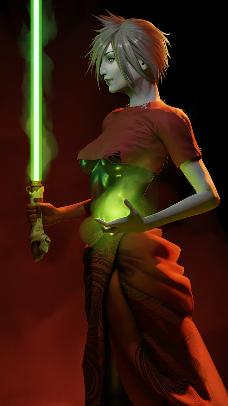 apulaz_(crossbow_pussycat) black_background breasts colored_skin commission dark_background energy_sword from_side gradient gradient_background grey_hair grey_skin highres holding holding_weapon lightsaber lips medium_breasts red_background red_shirt shirt short_hair smile star_wars sword torn_clothes torn_shirt weapon