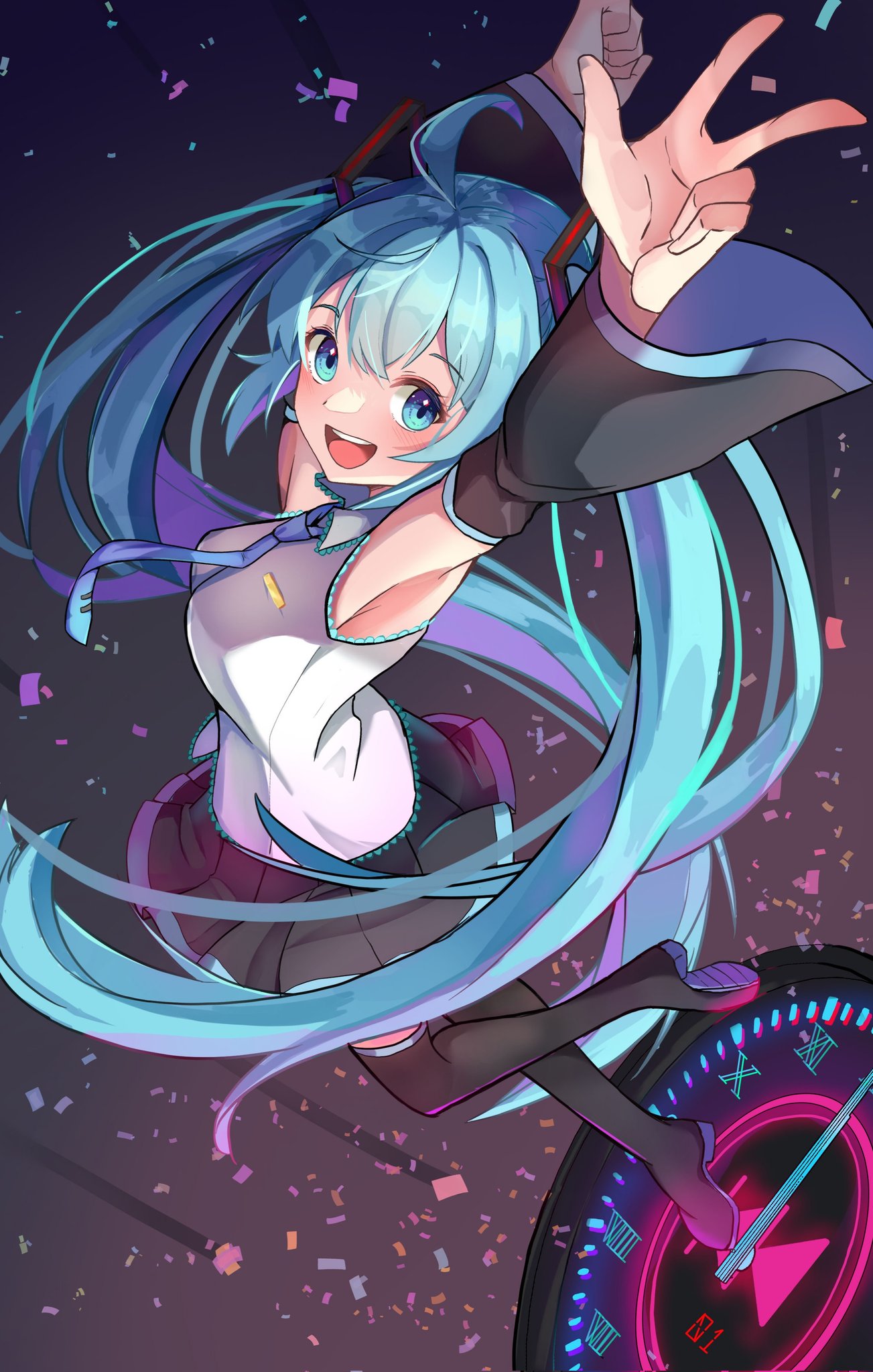 1girl ahoge armpits black_footwear black_skirt black_sleeves blue_eyes blue_hair boots breasts commentary_request detached_sleeves hatsune_miku highres kimura_mitsuki long_hair long_sleeves miniskirt open_mouth pleated_skirt shirt skirt sleeveless sleeveless_shirt small_breasts solo teeth thigh_boots twintails upper_teeth very_long_hair vocaloid white_shirt wide_sleeves