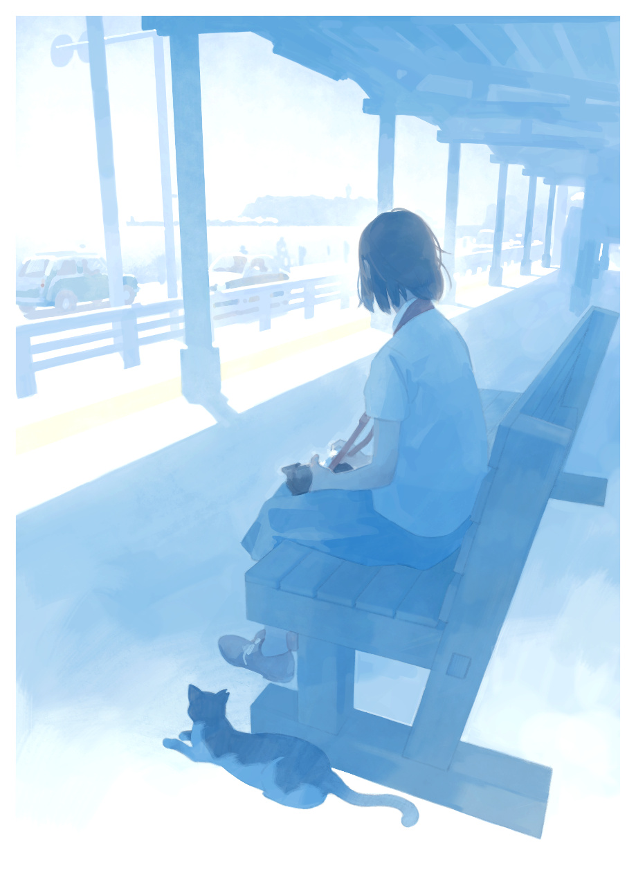 1girl bench blue_theme border camera cat from_behind highres oomiya_io original revision short_hair short_sleeves sitting skirt solo