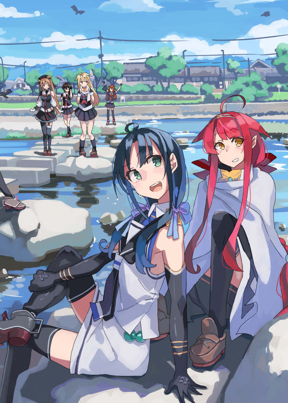 6+girls ahoge arms_up asymmetrical_legwear asymmetrical_sleeves black_neckerchief black_ribbon black_skirt black_socks black_thighhighs blonde_hair blue_hair blush brown_hair cape collared_shirt day garter_straps green_eyes grin hair_ribbon hairband highres kantai_collection kawakaze_(kancolle) kawakaze_kai_ni_(kancolle) kneehighs long_hair miniskirt multiple_girls murasame_(kancolle) murasame_kai_ni_(kancolle) neckerchief outdoors pointy_ears red_neckerchief redhead ribbon scarf shigure_(kancolle) shigure_kai_ni_(kancolle) shiny shiny_hair shiratsuyu_(kancolle) shirt skirt sleeveless sleeveless_shirt smile socks sugue_tettou suzukaze_(kancolle) sweatdrop thigh-highs twintails very_long_hair white_cape white_scarf white_shirt white_skirt wing_collar yellow_eyes zettai_ryouiki