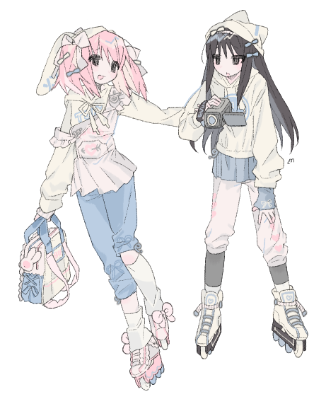 2girls akemi_homura animal_ears beanie black_eyes black_hair blue_skirt commentary fake_animal_ears hat hat_with_ears hood hood_down hoodie kaname_madoka long_hair mahou_shoujo_madoka_magica medium_hair multiple_girls open_mouth overalls pants pink_footwear pink_hair roller_skates shirt simple_background skates skirt symbol-only_commentary twintails u_emper white_background white_footwear white_hoodie white_leg_warmers white_overalls white_pants white_shirt white_skirt