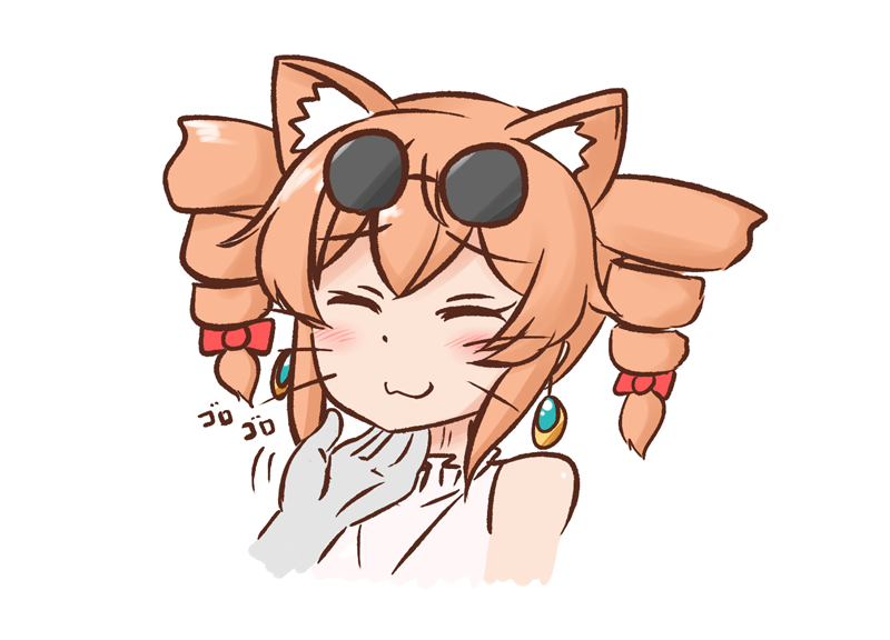 1girl :3 animal_ears cat_ears closed_eyes closed_mouth cropped_torso disembodied_limb drill_hair earrings eyewear_on_head jewelry mizusoba simple_background smile solo_focus sunglasses touhou twin_drills white_background yorigami_jo'on