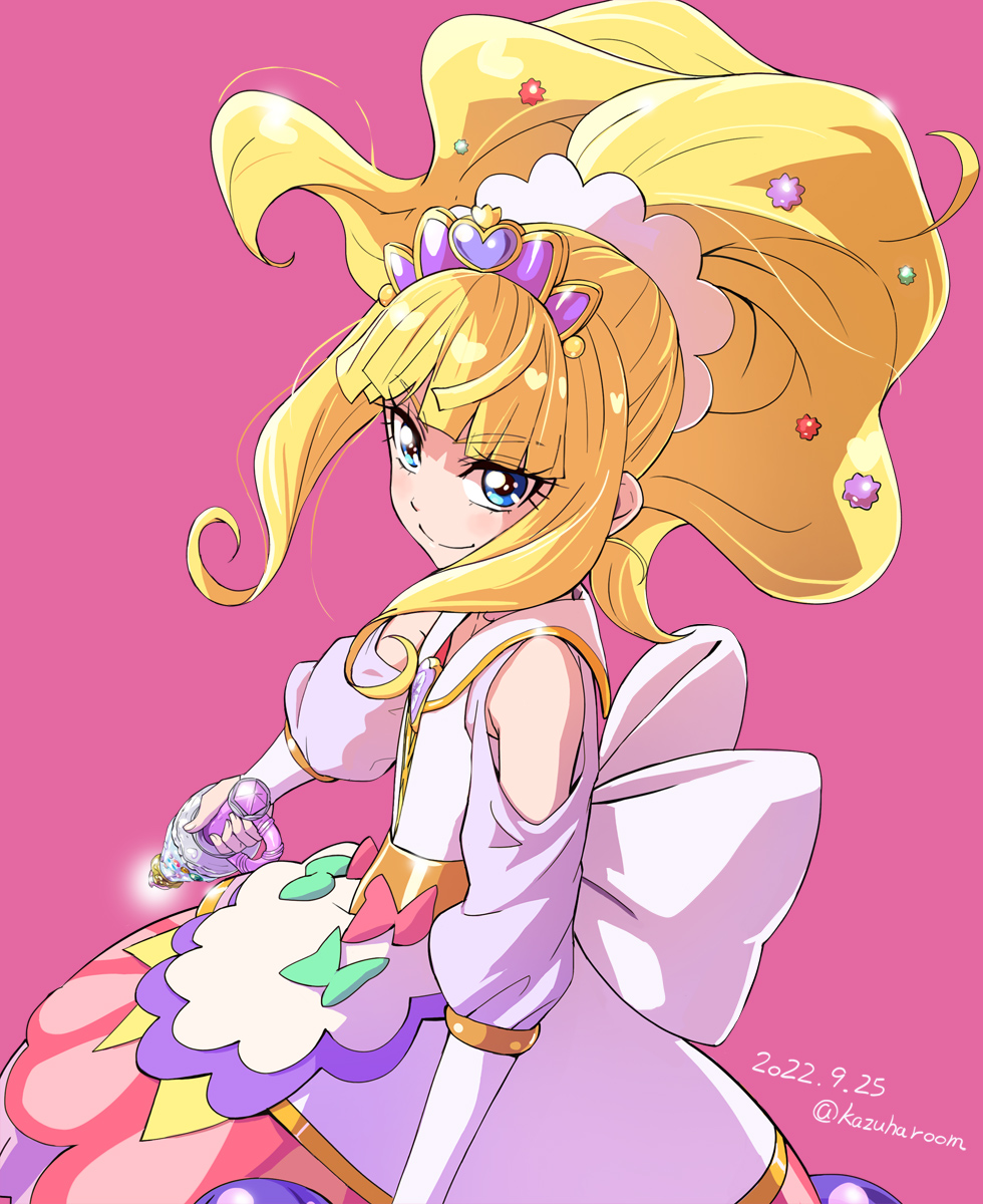 1girl bangs blonde_hair blue_eyes blunt_bangs closed_mouth commentary_request cure_finale dated delicious_party_precure haruyama_kazunori highres holding holding_wand kasai_amane looking_at_viewer magical_girl pink_background ponytail precure simple_background smile solo twitter_username wand