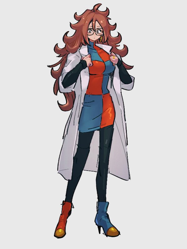 1girl android_21 checkered_clothes checkered_dress dragon_ball dragon_ball_fighterz dress full_body glasses kemachiku labcoat long_hair looking_at_viewer redhead solo standing