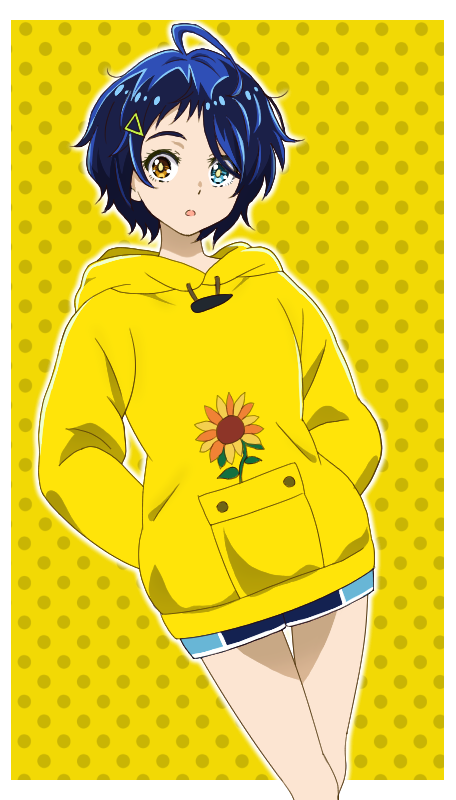 1girl ahoge arms_behind_back blue_eyes blue_hair blue_shorts border brown_eyes heterochromia hood hood_down hooded_sweater looking_at_viewer onomekaman ooto_ai open_mouth outline polka_dot polka_dot_background shiny shiny_hair short_hair short_shorts shorts solo standing sweater thigh_gap triangle_hair_ornament white_border wonder_egg_priority yellow_background yellow_sweater