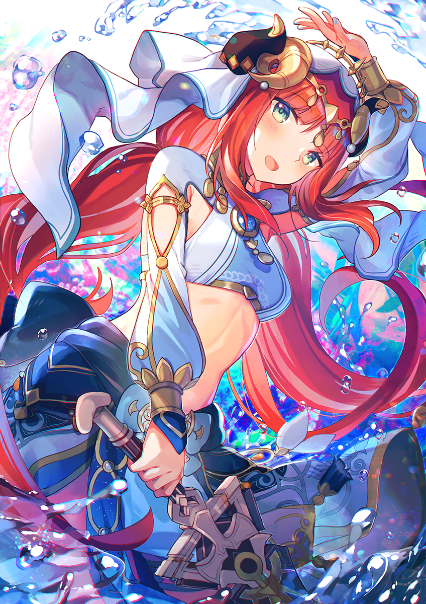 1girl :d aqua_eyes arm_up bangs blue_skirt blush brooch circlet clothing_cutout commentary_request craytm crop_top dutch_angle floating_hair forehead_jewel genshin_impact gold_trim harem_outfit highres holding holding_sword holding_weapon jewelry linea_alba long_hair long_sleeves looking_at_viewer neck_ring nilou_(genshin_impact) open_mouth parted_bangs puffy_long_sleeves puffy_sleeves redhead shrug_(clothing) sidelocks simple_background skirt smile solo sword twintails vambraces veil vision_(genshin_impact) water weapon