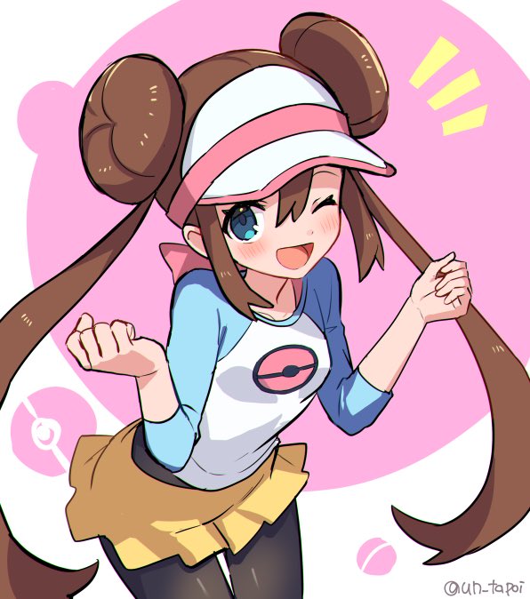 1girl ;d black_pantyhose blue_eyes blush bow brown_hair commentary_request cowboy_shot double_bun doughnut_hair_bun hair_bun hands_up legwear_under_shorts long_hair notice_lines one_eye_closed open_mouth pantyhose pink_bow poke_ball_symbol pokemon pokemon_(game) pokemon_bw2 raglan_sleeves rosa_(pokemon) short_shorts shorts smile solo tongue twintails twitter_username un_tapoi visor_cap w_arms yellow_shorts