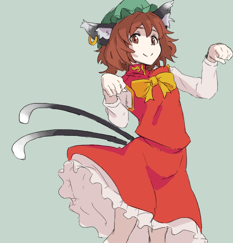 1girl animal_ears brown_eyes brown_hair cat_ears cat_tail chen earrings exkagerou8665 hat jewelry mob_cap multiple_tails nekomata paw_pose simple_background single_earring solo tail touhou two_tails