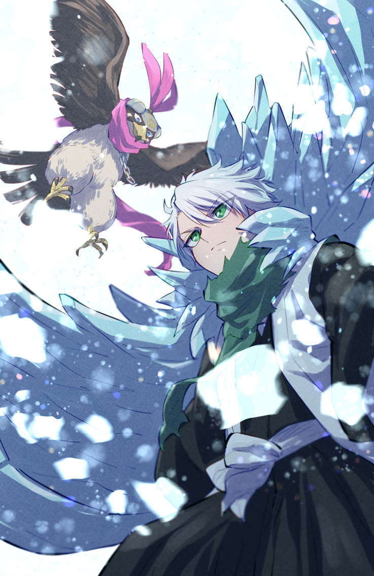 1boy 1other animal bangs bird bleach blue_eyes chain character_request closed_mouth crossover eagle feather_hair_ornament feathers full_body green_hair green_scarf hair_ornament ice japanese_clothes jojo_no_kimyou_na_bouken long_sleeves looking_at_another looking_at_viewer pet_shop pink_scarf scarf short_hair soraao0322 stardust_crusaders white_background white_hair