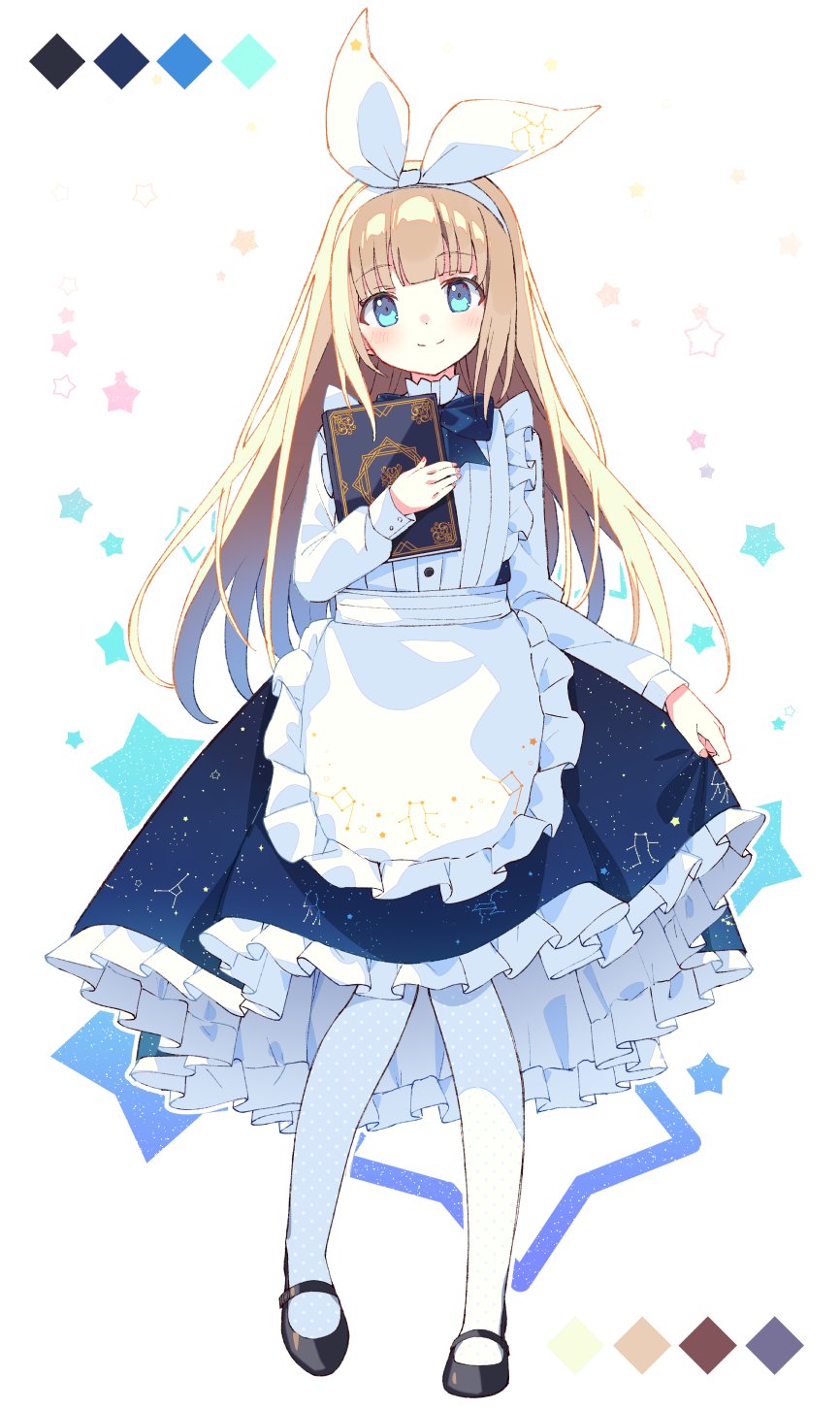 1girl alice_(alice_in_wonderland) alice_in_wonderland apron bangs black_footwear blonde_hair blue_dress blue_eyes blunt_bangs book bow bow_hairband center_frills closed_mouth commentary dress frilled_apron frilled_dress frills full_body hair_bow hairband head_tilt highres holding holding_book holding_clothes holding_skirt long_hair long_sleeves looking_at_viewer original pantyhose petticoat shoes sidelocks skirt smile solo standing white_apron white_bow white_pantyhose zoirun