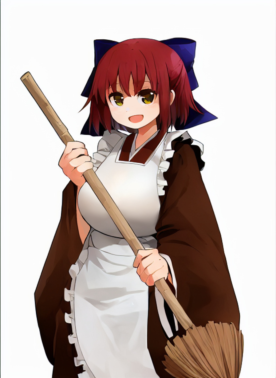 1girl :d apron arano_oki bangs blue_bow bow breasts broom brown_eyes brown_kimono commentary_request frilled_apron frills hair_between_eyes hair_bow highres holding holding_broom japanese_clothes kimono kohaku_(tsukihime) long_sleeves looking_at_viewer maid_apron medium_breasts redhead simple_background smile solo tsukihime wa_maid white_apron white_background wide_sleeves