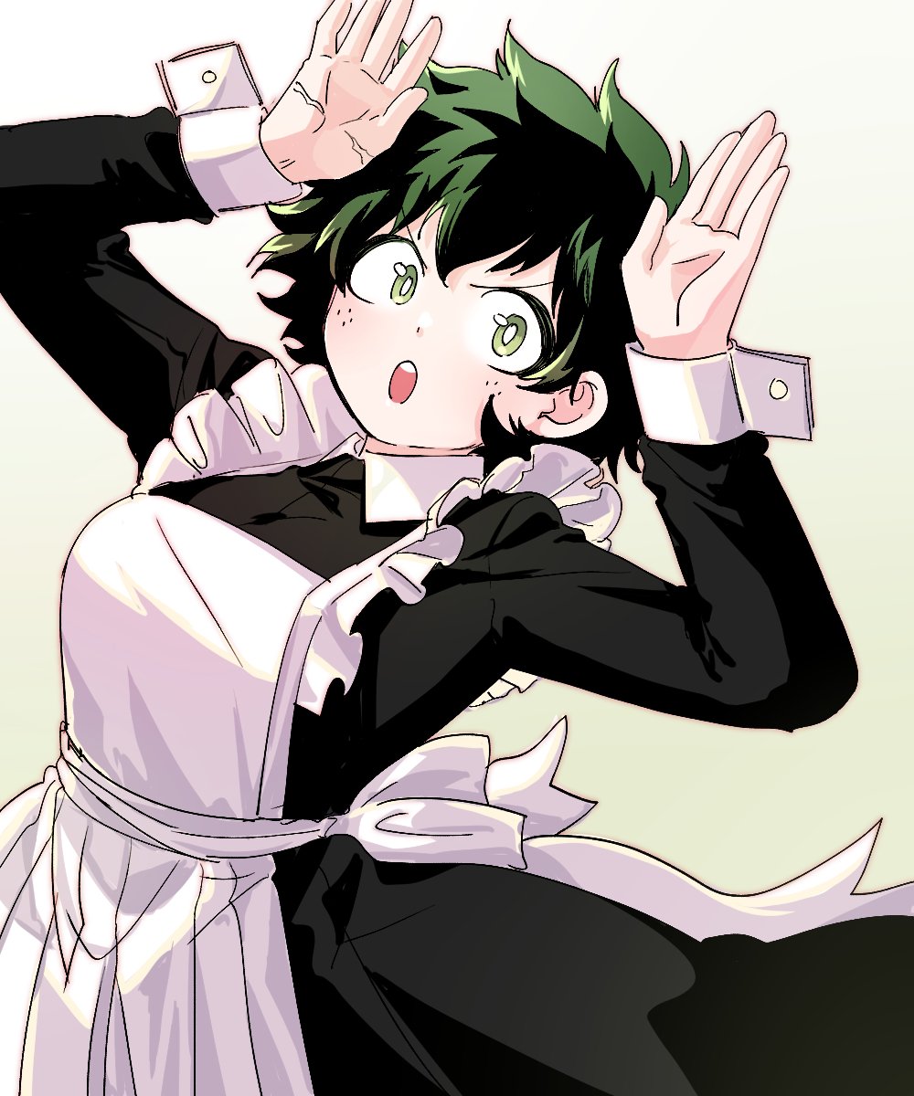 1girl :o alternate_costume apron arms_up bangs black_dress black_hair boku_no_hero_academia breasts collared_dress commentary_request dress enmaided freckles green_hair grey_background highres large_breasts long_sleeves maid midoriya_izuku multicolored_hair nyallum scar scar_on_arm short_hair simple_background solo teeth two-tone_hair upper_teeth white_apron