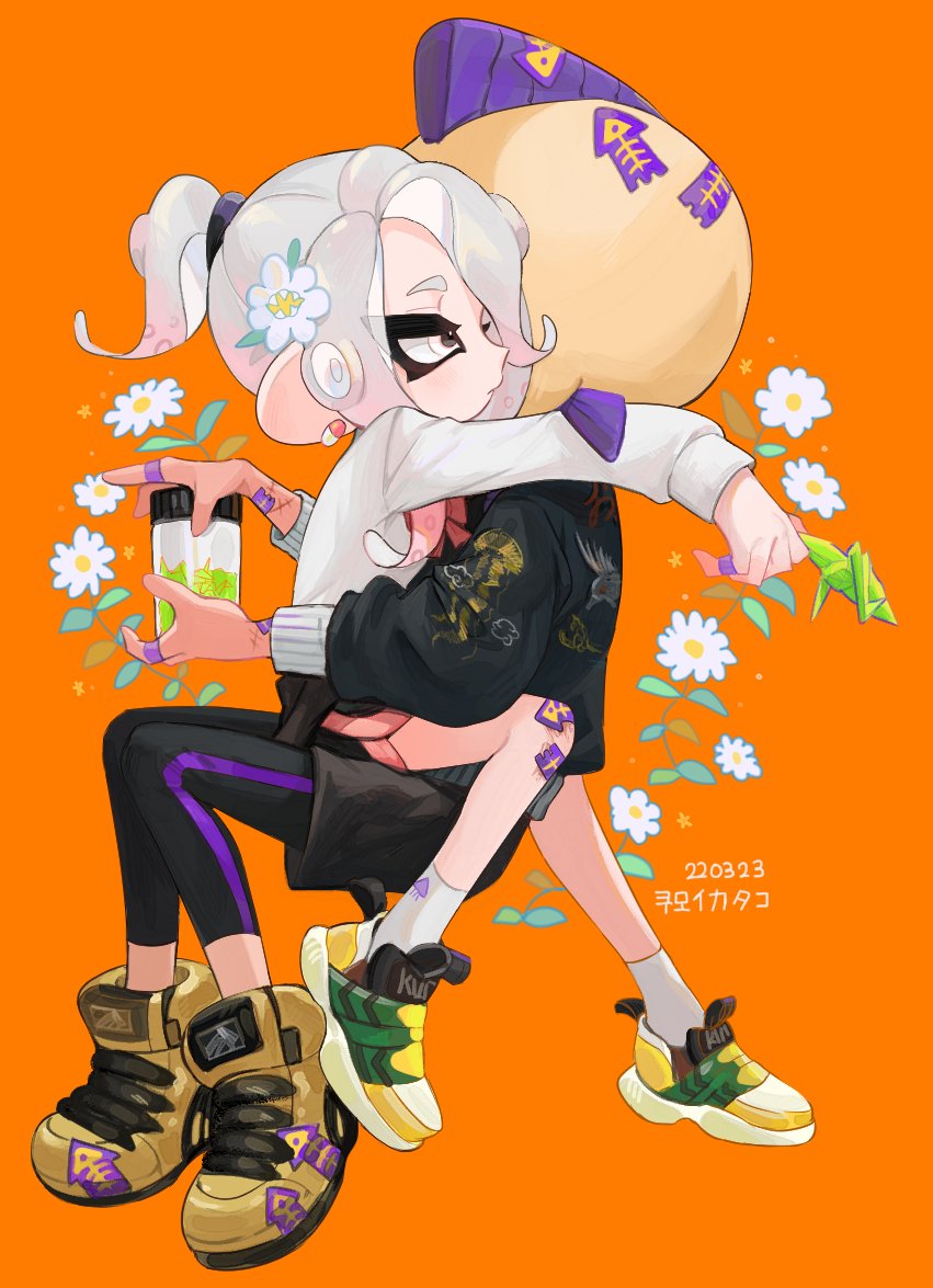 1boy 1girl bandaid black_pants closed_mouth commentary earrings flower hair_flower hair_ornament holding hug inkling inkling_boy jacket jewelry kumo_(kumo_hsc0216) long_sleeves mask octoling octoling_girl pants pants_under_shorts pill_earrings pointy_ears ponytail scar shoes shorts sneakers socks splatoon_(series) stitches symbol-only_commentary tentacle_hair white_eyes white_flower white_hair white_socks