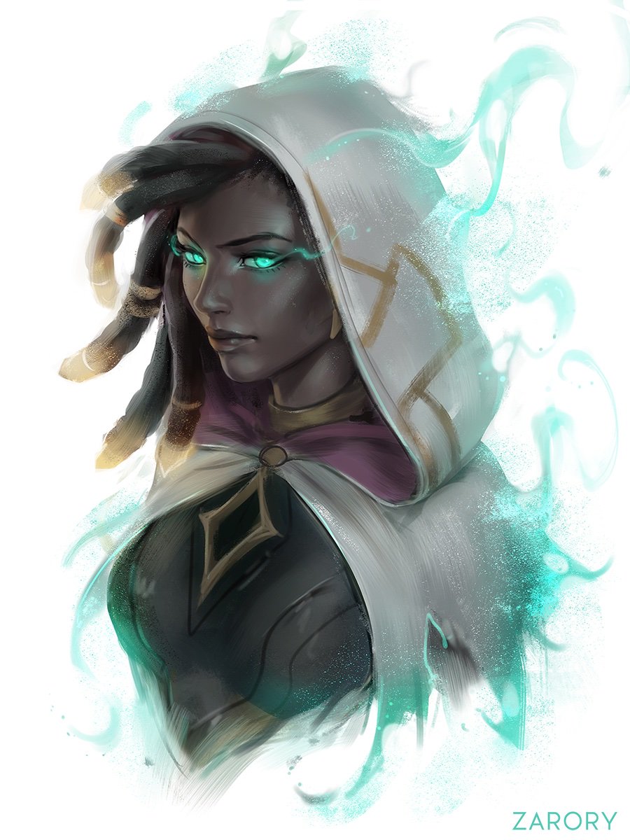 1girl artist_name closed_mouth dark-skinned_female dark_skin dreadlocks glowing glowing_eyes green_eyes highres hood hood_up league_of_legends lips looking_at_viewer portrait realistic senna_(league_of_legends) simple_background solo white_background zarory