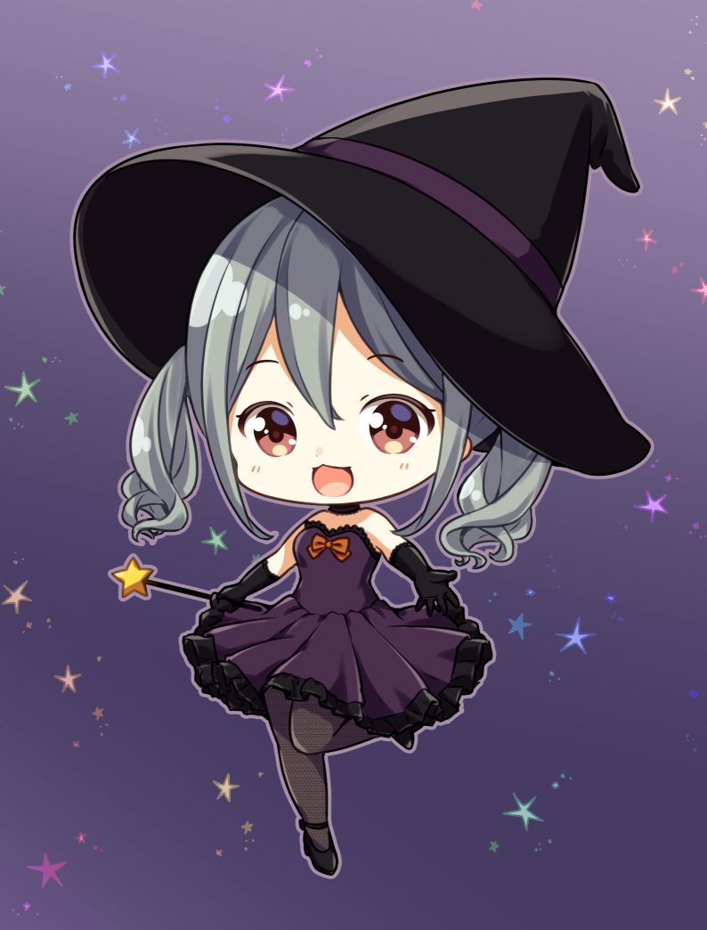 1girl :3 :d ankle_strap bangs blush bow brown_eyes chibi choker curly_hair dress dress_bow elbow_gloves frilled_dress frills gloves grey_hair halloween hat holding holding_wand looking_at_viewer mameko_minami open_mouth original outstretched_arm pantyhose smile solo standing standing_on_one_leg star_(symbol) star_wand strapless strapless_dress twintails wand witch witch_hat