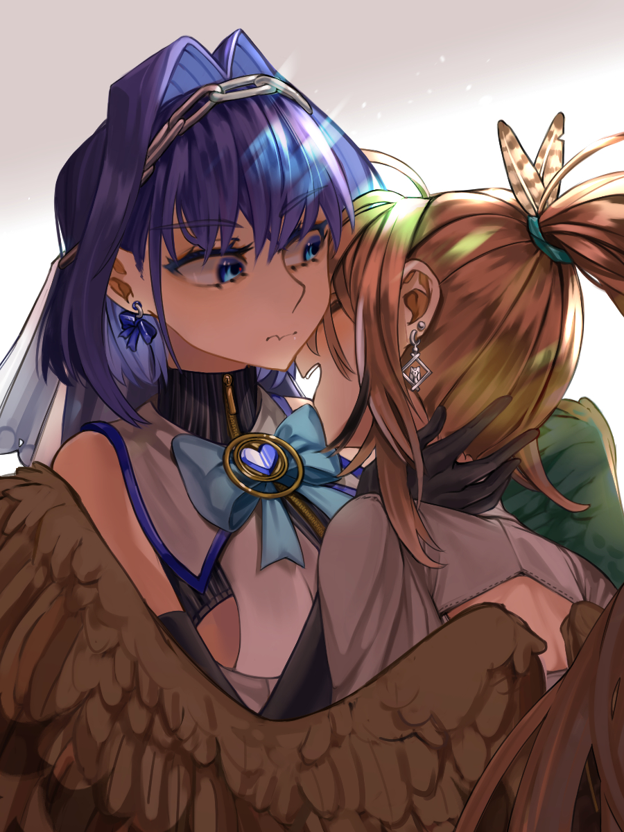 2girls ahoge bangs blue_eyes blue_hair bow bow_earrings brown_hair earrings feather_hair_ornament feathered_wings feathers gloves hair_intakes hair_ornament headband highres hololive hololive_english jewelry juno_ox long_hair multicolored_hair multiple_girls nanashi_mumei ouro_kronii ponytail shirt short_hair sleeveless sleeveless_shirt streaked_hair very_long_hair virtual_youtuber wings