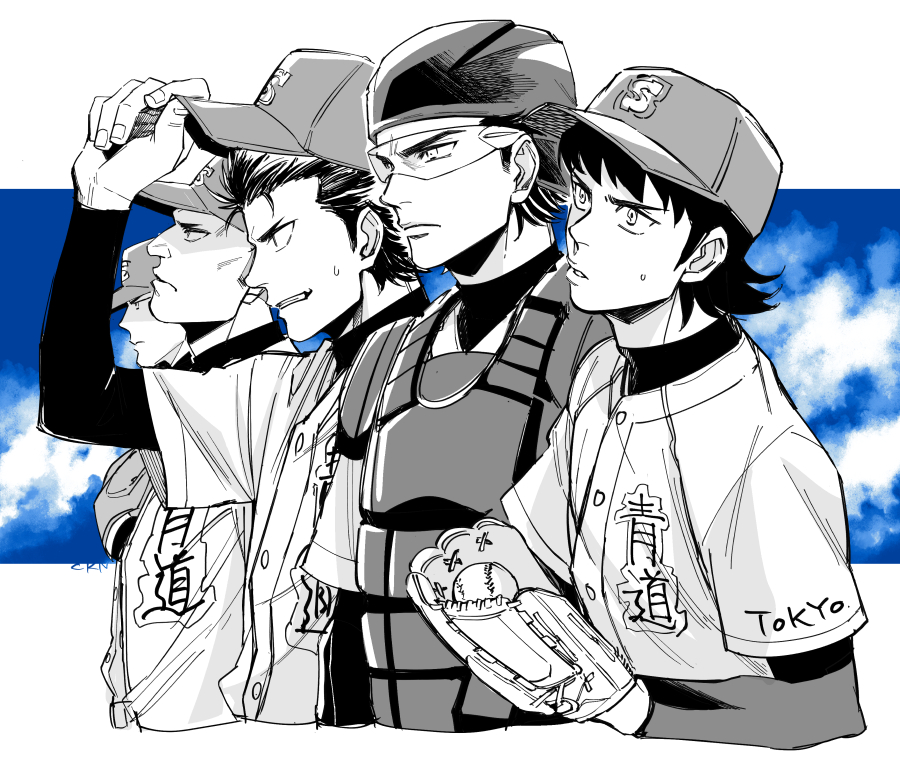 5boys ace_of_diamond baseball baseball_cap baseball_helmet baseball_mitt baseball_uniform black_hair character_request egg_(cknlun) frown glasses hair_slicked_back hand_up hat helmet kawakami_norifumi kuramochi_youichi maezono_kenta miyuki_kazuya multiple_boys sportswear sweatdrop upper_body