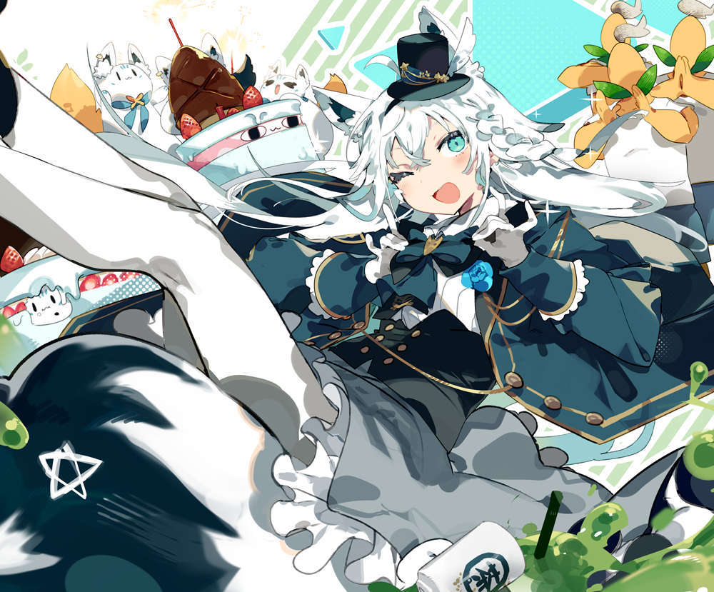 1girl ;d animal_ear_fluff bangs black_headwear blue_bow blue_bowtie blue_flower blue_jacket blue_rose blush bow bowtie braid buttons cake collared_shirt crossed_bangs cup double_fox_shadow_puppet feet_out_of_frame floating flower food fox_girl fox_shadow_puppet fox_tail frilled_skirt frills fruit green_eyes grey_skirt hair_between_eyes hat hololive jacket karei long_hair long_sleeves looking_at_viewer mini_hat mini_top_hat mug one_eye_closed open_clothes open_jacket open_mouth pantyhose rose shirakami_fubuki shirt side_braid skirt smile strawberry sukonbu_(shirakami_fubuki) tail top_hat virtual_youtuber white_hair white_pantyhose white_shirt