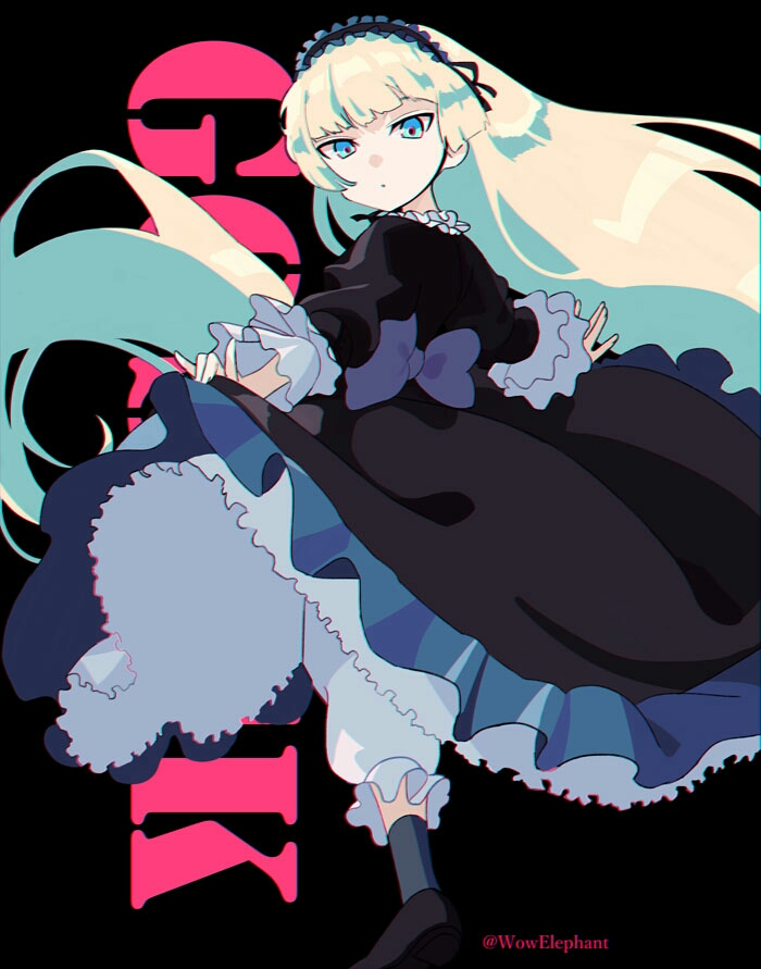 1girl absurdly_long_hair artist_name back_bow bangs black_background black_dress blonde_hair bloomers blue_eyes blunt_bangs blunt_ends bow commentary copyright_name dot_mouth dress floating_hair frilled_dress frills gosick gothic_lolita hairband hime_cut lolita_fashion lolita_hairband long_hair long_sleeves looking_at_viewer looking_back sidelocks simple_background solo standing standing_on_one_leg tsurime underwear very_long_hair victorica_de_blois wowelephant