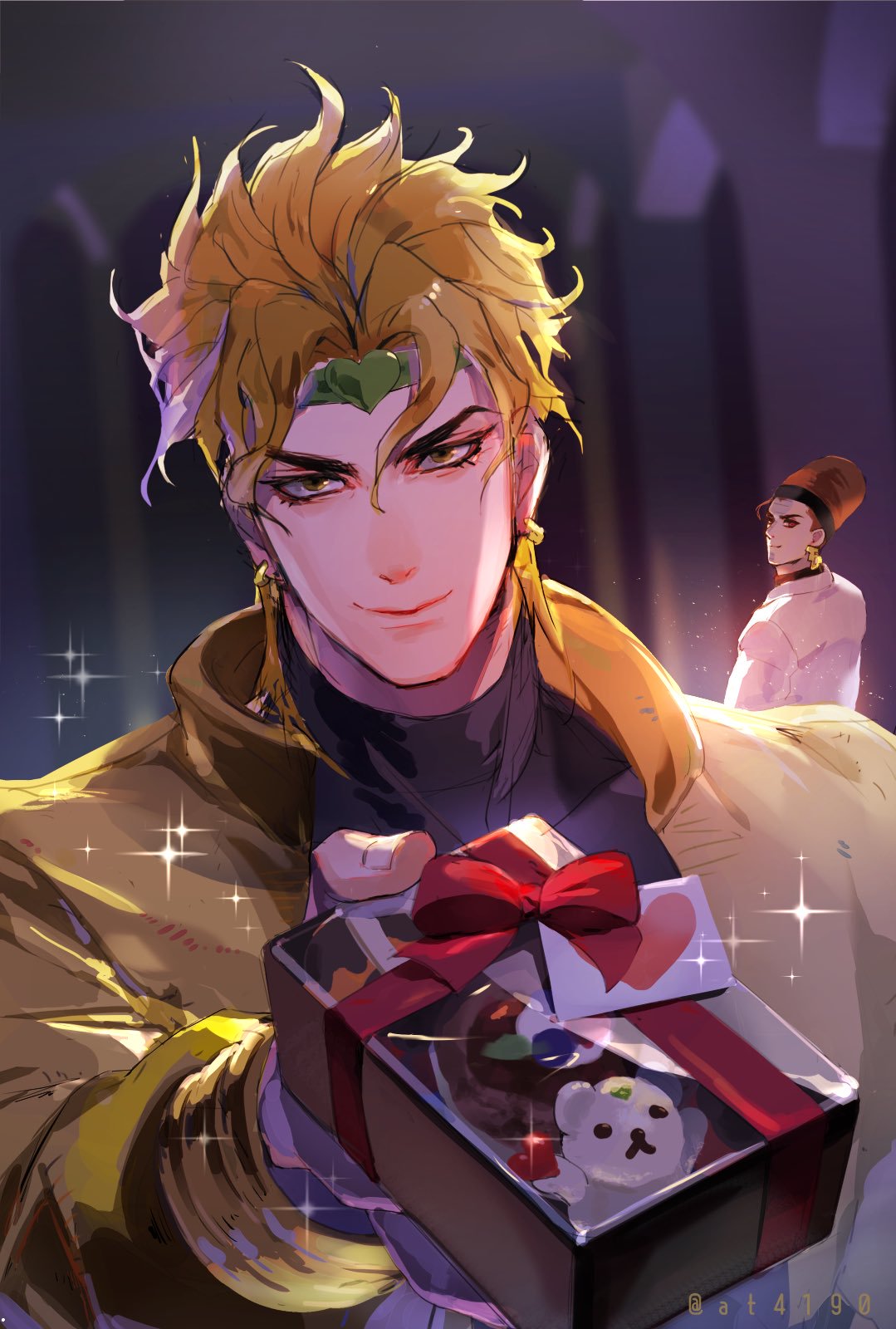 2boys at4190_(user_vzac7788) black_shirt blonde_hair brown_eyes brown_hair closed_mouth coat dio_brando earrings gift heart highres holding holding_gift jacket jewelry jojo_no_kimyou_na_bouken long_sleeves looking_at_viewer medium_hair multiple_boys pov shirt smile stardust_crusaders terence_t._d'arby vampire white_coat yellow_eyes yellow_jacket