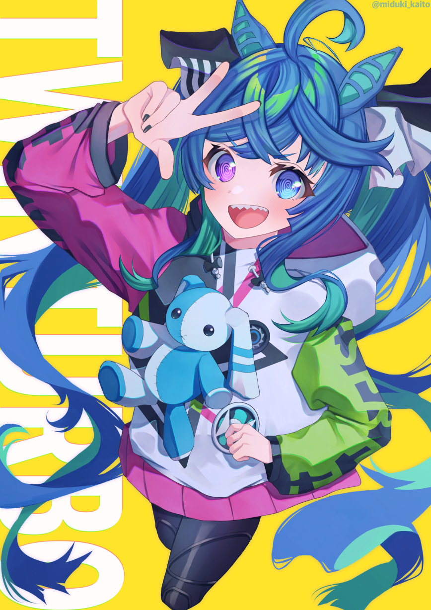 1girl @_@ ahoge animal_ears aqua_hair background_text bangs black_bodysuit black_nails black_ribbon blue_eyes blue_hair bodysuit character_name cropped_legs ear_covers gogat8 hair_ribbon heterochromia highres hood hood_down hooded_coat horse_ears horse_girl long_hair long_sleeves looking_at_viewer multicolored_coat multicolored_hair nail_polish open_mouth ribbon sharp_teeth smile solo standing stuffed_animal stuffed_bunny stuffed_toy teeth twin_turbo_(umamusume) twintails twitter_username two-tone_hair umamusume very_long_hair violet_eyes w yellow_background