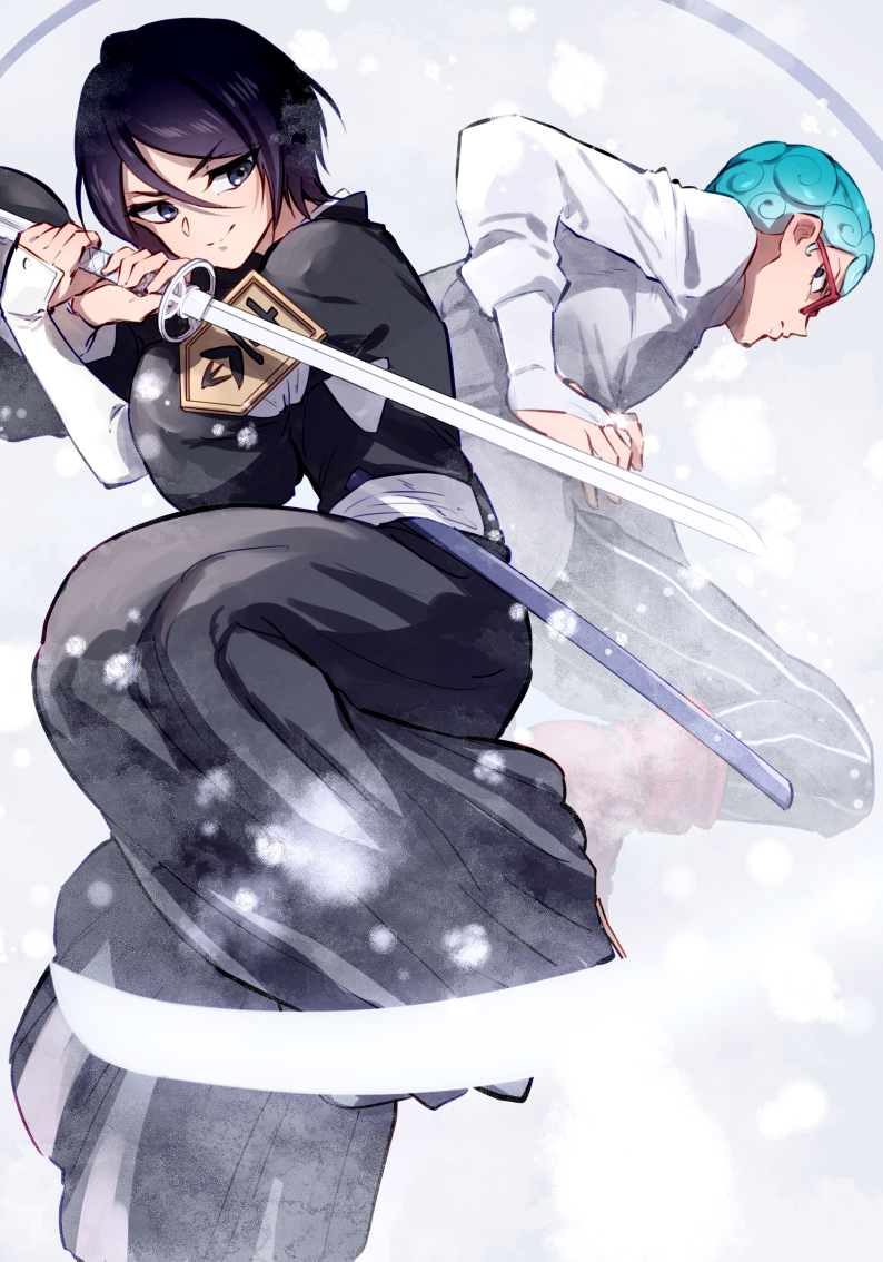 1boy 1girl back-to-back bangs black_eyes black_hair black_pants bleach blue_hair closed_mouth crossover fingerless_gloves ghiaccio glasses gloves holding holding_sword holding_weapon jacket japanese_clothes jojo_no_kimyou_na_bouken katana kuchiki_rukia long_sleeves looking_at_another looking_back pants red_footwear sheath short_hair smile snowing soraao0322 sword vento_aureo weapon white_background white_gloves white_jacket