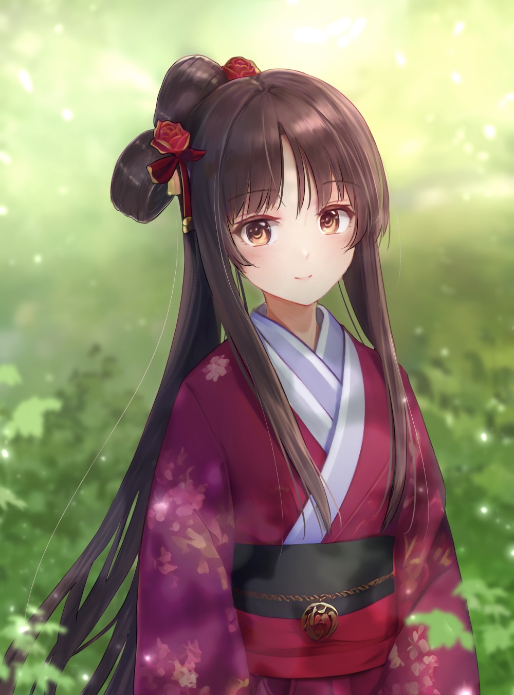 1girl aomaru_(shta-chu-jisuiai) black_hair blush breasts brown_hair dress flower hair_ornament highres japanese_clothes kimono long_hair looking_at_viewer medium_breasts original smile solo upper_body very_long_hair