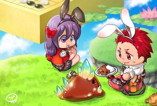 1boy 1girl :t alternate_color animal_ears bangs blue_sky board_game bow brown_dress cape chibi closed_mouth clouds commentary_request creator_(ragnarok_online) crop_top curry dress eating fake_animal_ears fingerless_gloves food full_body fur-trimmed_shirt fur_trim gloves go_(board_game) hair_bow holding holding_plate in-universe_location lily_pad long_hair love_morocc open_mouth outdoors pants plate purple_hair rabbit_ears ragnarok_online red_bow red_cape red_eyes red_gloves red_pants redhead shirt short_dress short_hair sitting sky sleeveless sleeveless_shirt slime_(creature) smile sweatdrop vambraces vanilmirth_(ragnarok_online) violet_eyes white_shirt whitesmith_(ragnarok_online)