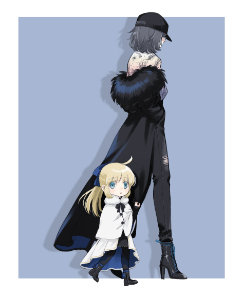 1boy 1girl aged_down ahoge alternate_costume animal_print artoria_caster_(fate) artoria_pendragon_(fate) bangs baseball_cap black_coat black_footwear black_headwear black_pants black_pantyhose black_shirt black_skirt blonde_hair blue_background blue_eyes blue_ribbon boots capelet coat coat_tug contemporary facing_away fate/grand_order fate_(series) full_body fur-trimmed_capelet fur-trimmed_coat fur_trim gradient_clothes gradient_shirt grey_hair hair_ribbon hand_in_pocket hat high_heel_boots high_heels long_hair looking_at_viewer m_t_1 medium_hair oberon_(fate) oberon_(third_ascension)_(fate) off_shoulder outside_border overskirt pants pantyhose parted_lips ponytail ribbon shirt skirt spoilers torn_clothes torn_pants white_capelet white_shirt white_skirt