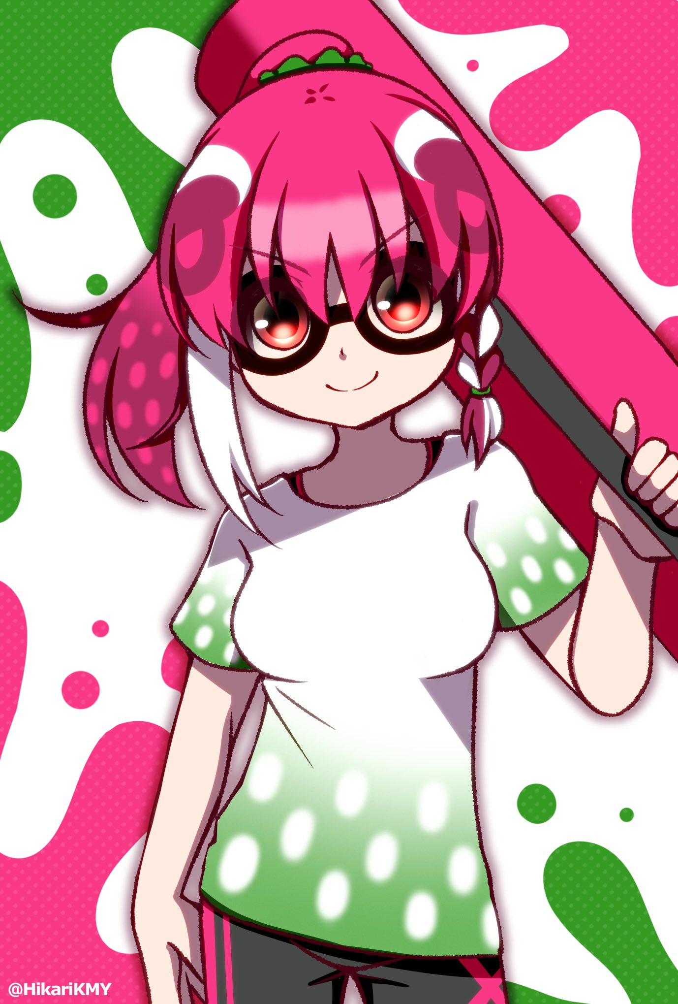 1girl african_penguin_(kemono_friends) closed_mouth cosplay highres hikarikmy inkling inkling_(cosplay) kemono_friends kemono_friends_v_project long_hair looking_at_viewer multicolored_hair parody pink_hair ponytail red_eyes ribbon shirt shorts simple_background smile solo splatoon_(series) t-shirt virtual_youtuber white_hair white_shirt