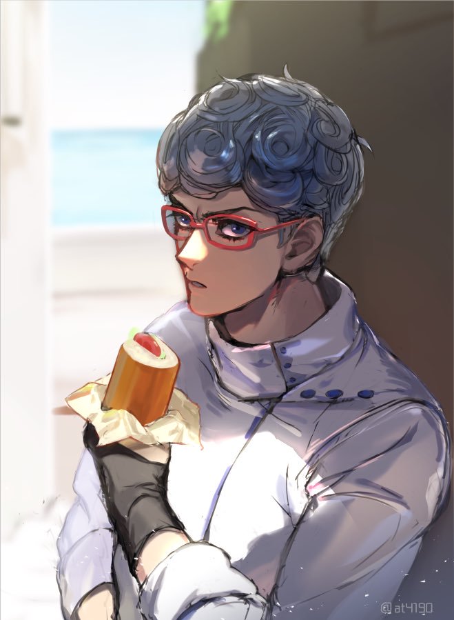 1boy at4190_(user_vzac7788) bangs black_gloves blue_eyes blue_hair blue_sky blurry blurry_background fingerless_gloves food ghiaccio glasses gloves holding holding_food jacket jojo_no_kimyou_na_bouken long_sleeves looking_at_viewer male_focus ocean outdoors parted_lips short_hair sky solo vento_aureo white_jacket