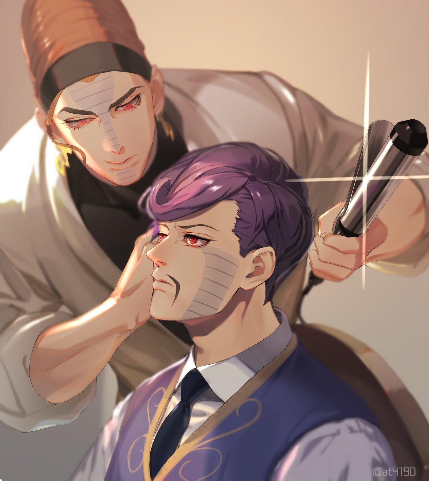 2boys at4190_(user_vzac7788) black_necktie brothers brown_eyes brown_hair closed_mouth coat collared_shirt daniel_j._d'arby earrings facial_hair highres holding jewelry jojo_no_kimyou_na_bouken male_focus multiple_boys mustache necktie purple_hair purple_vest red_eyes shirt short_hair siblings stardust_crusaders terence_t._d'arby vest white_coat white_shirt