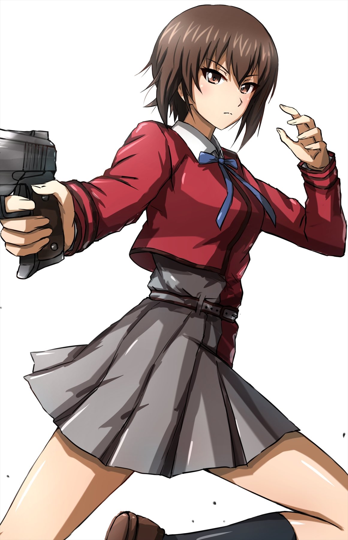 1girl black_socks blue_ribbon brown_eyes brown_footwear brown_hair collared_shirt commentary cosplay dress finger_on_trigger girls_und_panzer grey_dress gun highres holding holding_gun holding_weapon leg_up loafers looking_at_viewer lycoris_recoil lycoris_uniform neck_ribbon nishikigi_chisato nishikigi_chisato_(cosplay) nishizumi_maho omachi_(slabco) pleated_dress red_dress ribbon shirt shoes short_hair simple_background socks solo two-tone_dress weapon white_background white_shirt