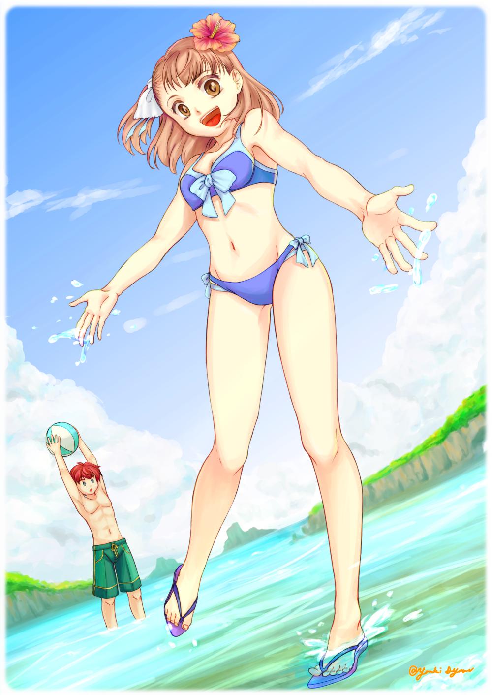 1boy 1girl abs ball beachball breasts brown_eyes brown_hair clouds flower groin hair_flower hair_ornament highres jude_maverick looking_at_viewer navel open_mouth redhead short_hair shorts smile swimsuit toeless_footwear water wild_arms wild_arms_4 yamaki_ayumu yulie_ahtreide