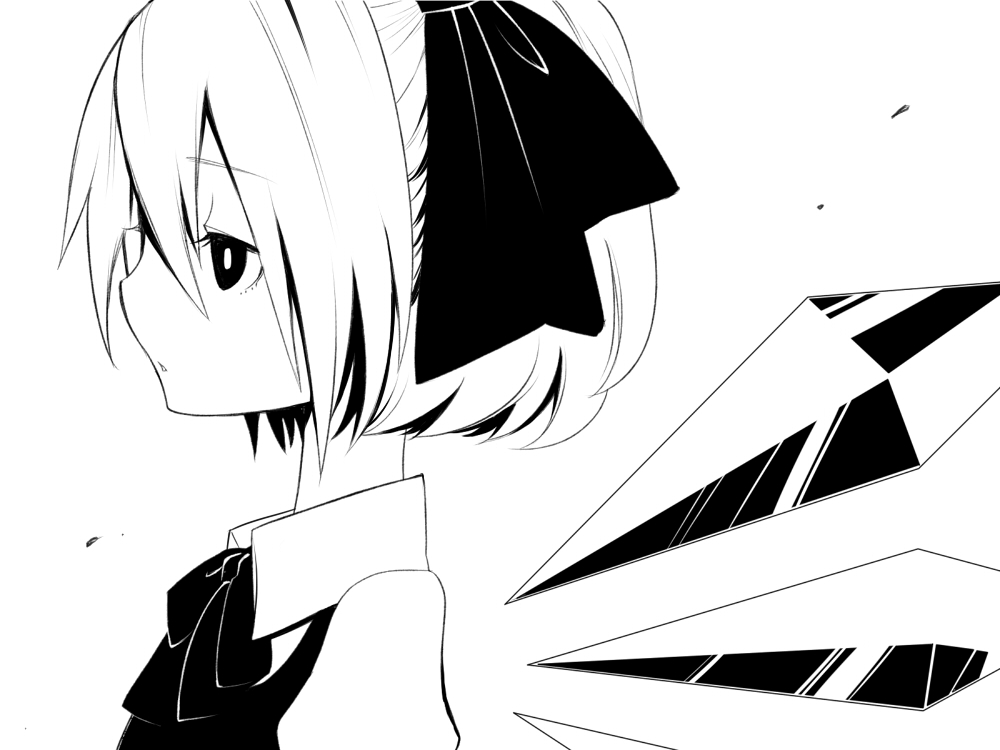 1girl bangs bow bowtie cirno collared_shirt detached_wings fairy from_side hair_between_eyes hair_bow ice ice_wings monochrome puchiman puffy_sleeves shirt short_hair simple_background solo touhou upper_body vest white_background wings