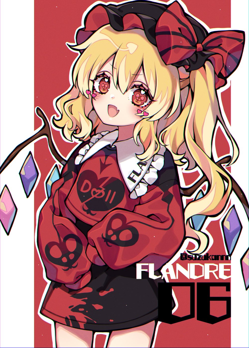 1girl :d alternate_costume bangs black_headwear blonde_hair blush bow character_name collar crystal eyelashes fang flandre_scarlet frilled_collar frills hat hat_bow highres kyouda_suzuka mob_cap one_side_up open_mouth pillarboxed red_bow red_eyes short_hair skin_fang sleeves_past_fingers sleeves_past_wrists smile solo splatter_print striped striped_bow sweatshirt symbol-shaped_pupils touhou twitter_username wings