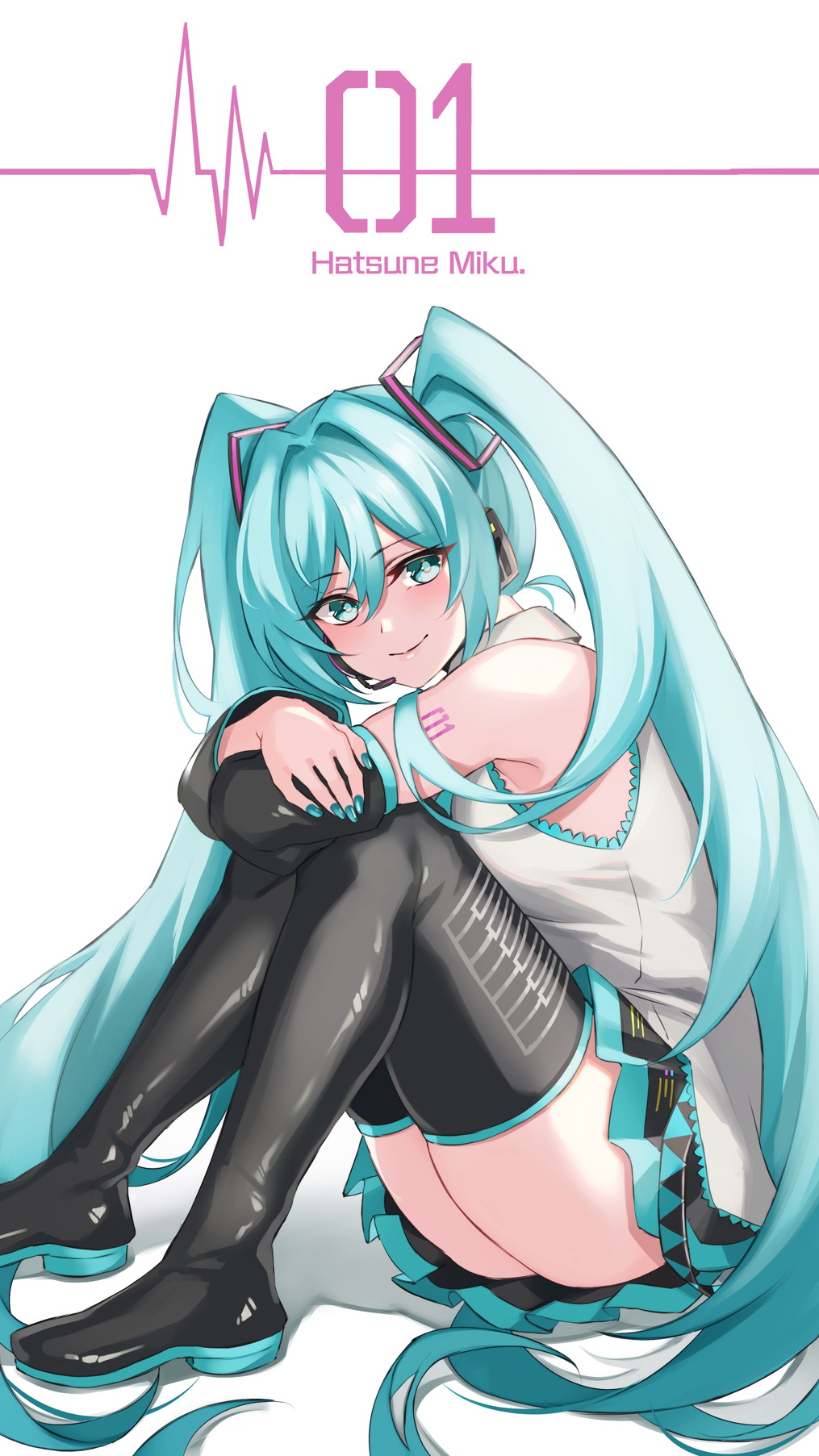 1girl aqua_eyes aqua_hair aqua_nails arms_on_knees bangs black_footwear black_skirt black_sleeves blush boots character_name closed_mouth commentary detached_sleeves grey_shirt hair_between_eyes hair_intakes hair_ornament hatsune_miku headset highres inue_ao light_smile long_hair looking_at_viewer number_tattoo pleated_skirt shirt simple_background sitting skirt sleeveless sleeveless_shirt solo sound_wave tattoo thigh_boots twintails very_long_hair vocaloid white_background