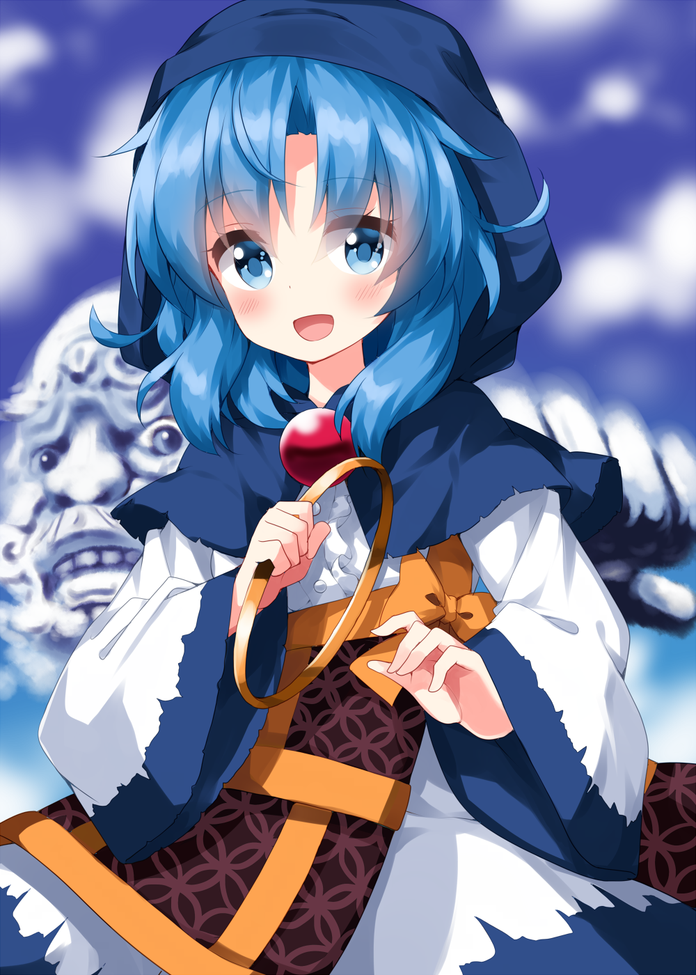 1girl blue_eyes blue_hair blush gloves highres holding hood hood_up hoop kumoi_ichirin long_sleeves open_mouth ruu_(tksymkw) short_hair smile solo touhou unzan upper_body white_gloves wide_sleeves