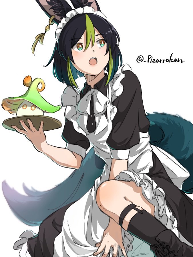 1boy :o alternate_costume animal_ear_fluff animal_ears apron bangs blunt_ends braid bright_pupils commentary_request crossdressing dress earrings enmaided fox_ears fox_tail frilled_apron frills fungi_(genshin_impact) garter_straps genshin_impact gradient_hair hair_ribbon holding holding_tray jewelry looking_to_the_side maid maid_apron maid_headdress male_focus multicolored_hair open_mouth pizarrokun puffy_short_sleeves puffy_sleeves ribbon short_hair short_hair_with_long_locks short_sleeves sidelocks simple_background single_earring solo streaked_hair tail tighnari_(genshin_impact) tray tress_ribbon twin_braids twitter_username waist_apron white_apron white_background white_pupils white_ribbon wrist_cuffs