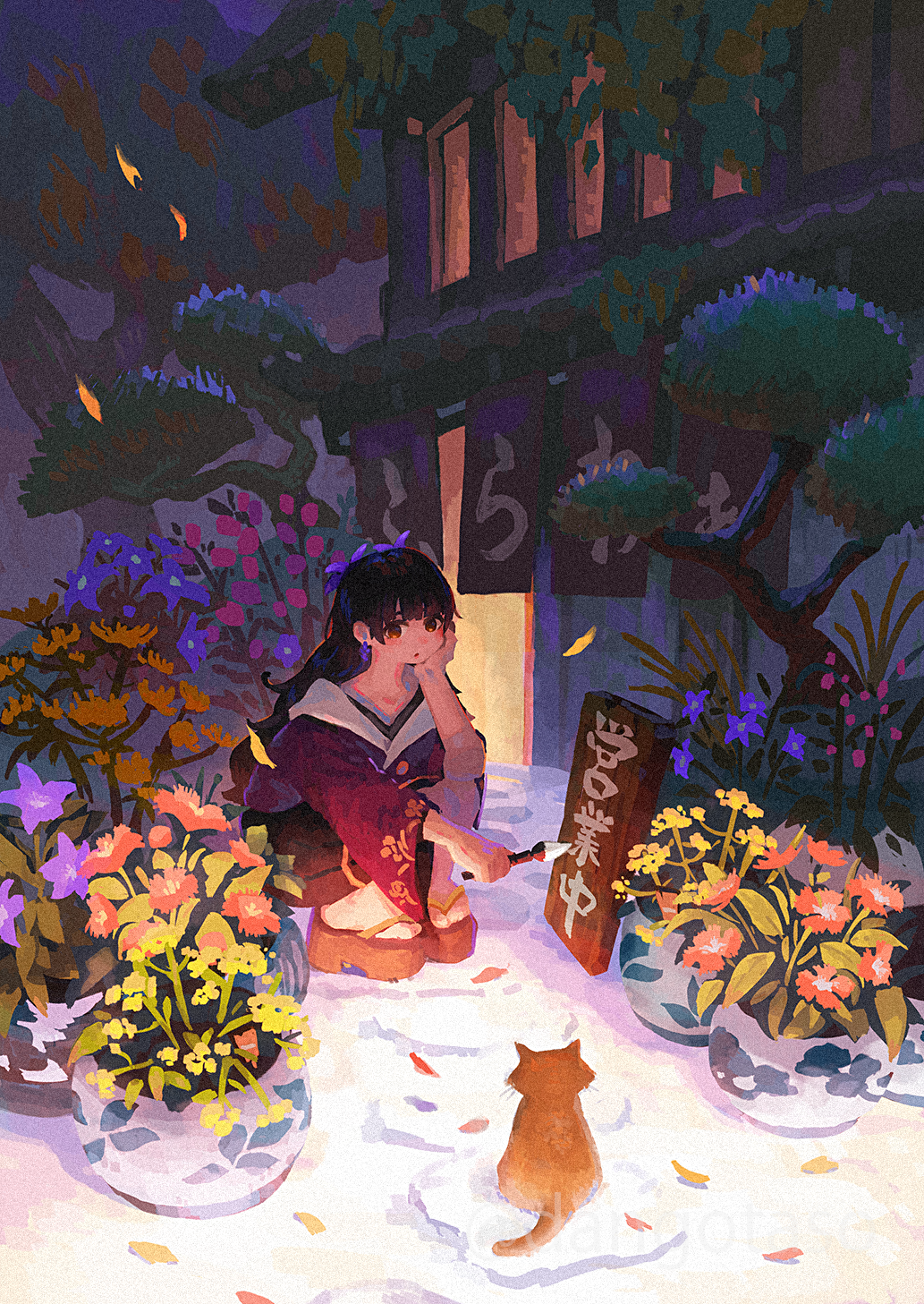 1girl animal bangs black_hair brown_footwear building cat closed_mouth commentary_request earrings flower hand_up highres holding holding_paintbrush japanese_clothes jewelry kimono long_hair long_sleeves looking_at_viewer original paintbrush petals purple_flower red_eyes red_flower red_kimono solo squatting tree usagino_suzu very_long_hair wide_sleeves yellow_flower