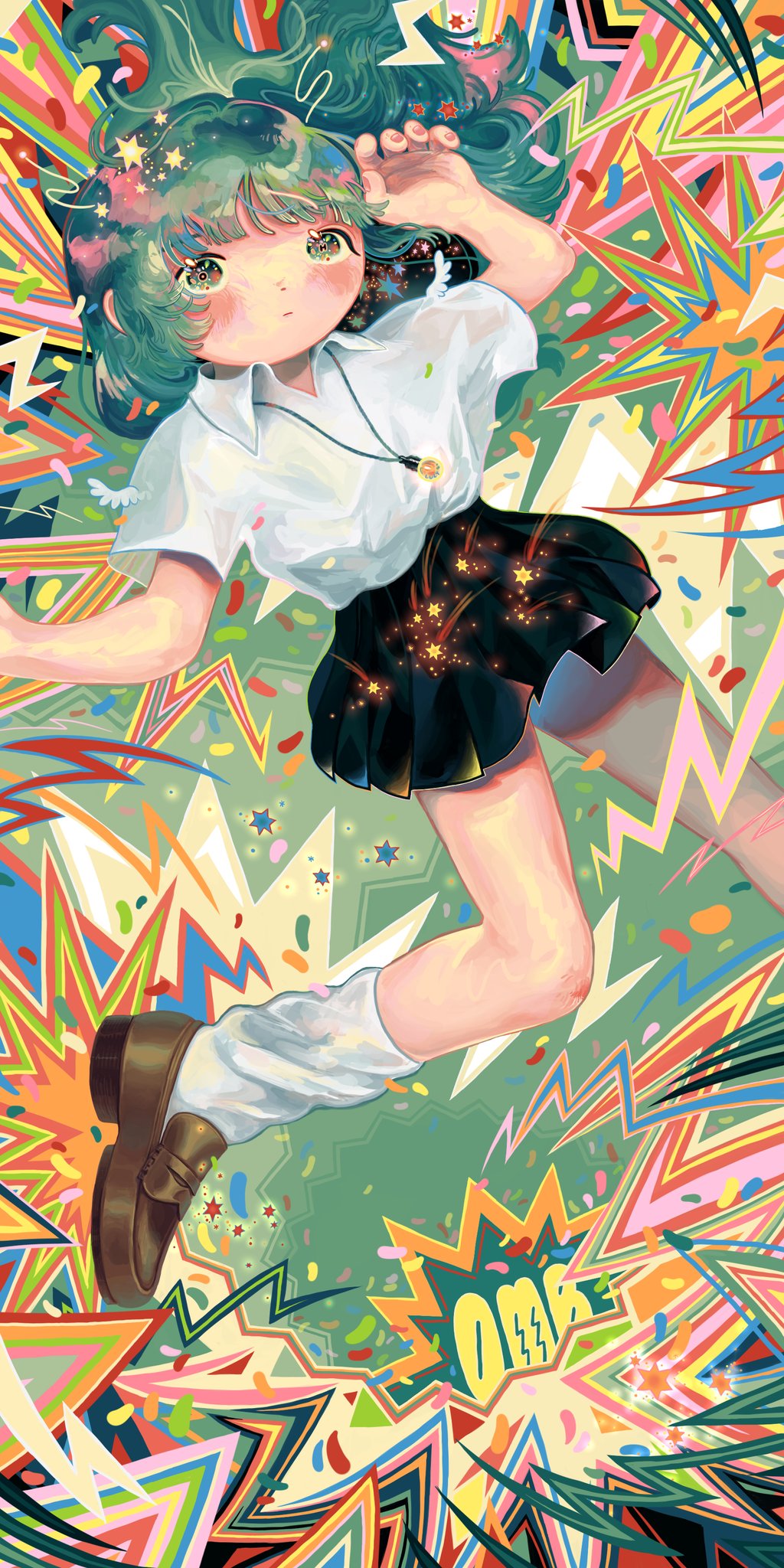 1girl abstract_background antennae aqua_hair bangs black_footwear black_skirt blush collared_shirt foot_out_of_frame hand_up highres jewelry long_hair necklace original pleated_skirt shirt shoes sizucomaru skirt socks solo white_shirt white_socks