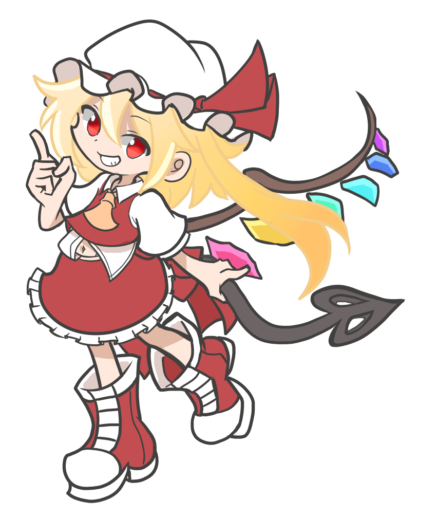 1girl ascot blonde_hair crystal flandre_scarlet full_body hat hat_ribbon laevatein_(touhou) long_hair looking_at_viewer mob_cap navel one_side_up puyopuyo red_eyes red_ribbon red_shirt red_skirt ribbon shinmon_akika shirt short_sleeves simple_background skirt smile solo touhou white_background white_headwear wings yellow_ascot