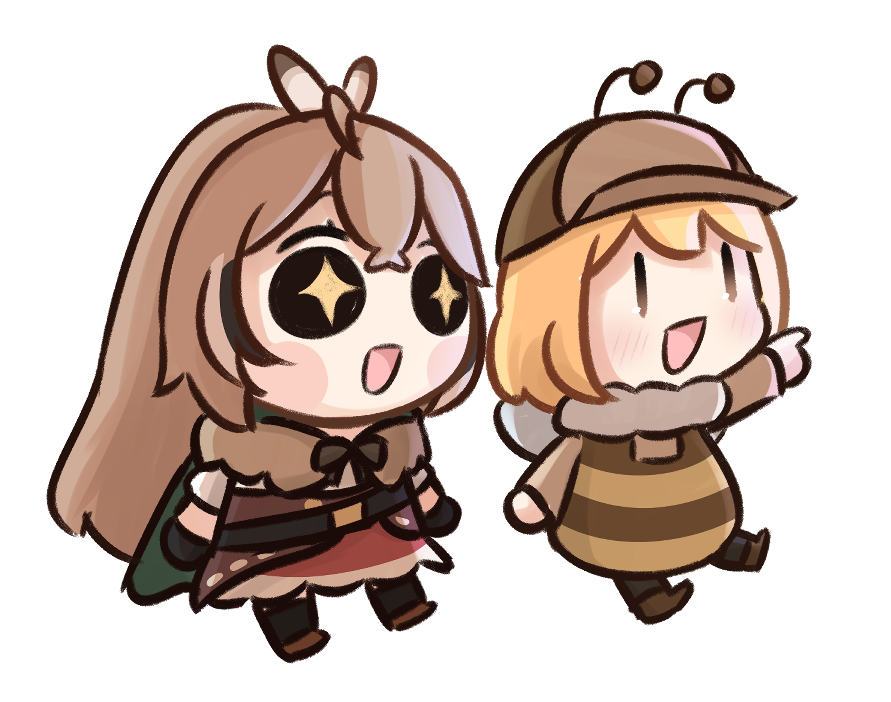 +_+ 2girls :d antennae bangs bee_costume blonde_hair blush_stickers bow brown_bow brown_capelet brown_hair brown_headwear capelet chibi cloak deerstalker feather_hair_ornament feathers fur_collar hair_ornament hat hololive hololive_english long_hair moon_ldl multicolored_hair multiple_girls nanashi_mumei pointing ponytail sitting smile smol_ame smol_mumei streaked_hair transparent_background very_long_hair virtual_youtuber watson_amelia |_|