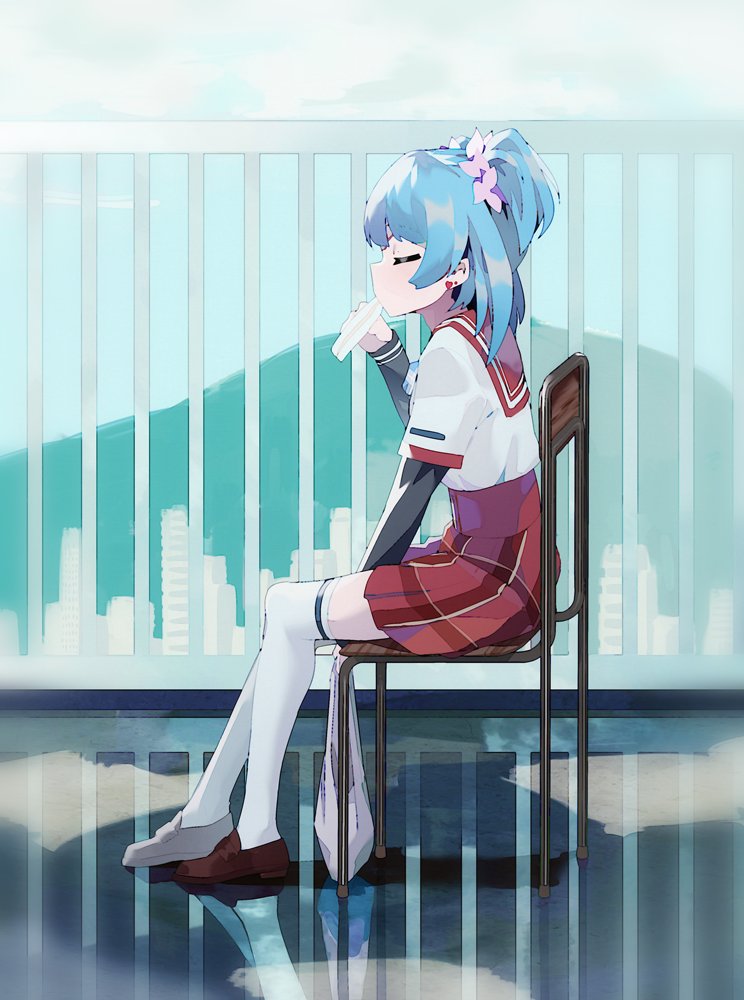 1girl blue_hair brown_footwear chair closed_eyes earrings eating food from_side heart heart_earrings jewelry layered_sleeves loafers long_sleeves magia_record:_mahou_shoujo_madoka_magica_gaiden mahou_shoujo_madoka_magica minami_rena miniskirt on_chair plaid plaid_skirt profile railing red_sailor_collar red_skirt rooftop sailor_collar sandwich school_uniform serafuku shirt shoes short_over_long_sleeves short_sleeves sitting skirt solo thigh-highs two_side_up viroa white_shirt white_thighhighs