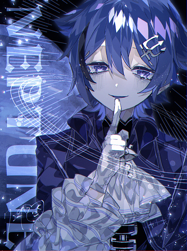 1boy androgynous bishounen black_hair blue_coat blue_hair blue_tongue blush coat colored_skin colored_tongue gloves humanization island729 long_sleeves looking_at_viewer male_focus multicolored_hair neptune_(planet) neptune_symbol open_mouth original short_hair smile solo trident_ornament white_skin