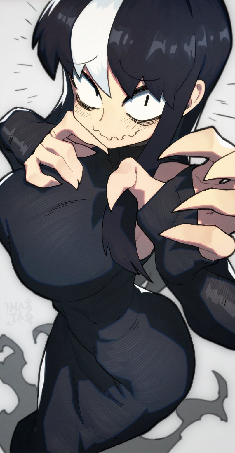 1girl artist_name black_dress black_eyes black_hair borrowed_character breasts claws dress fingerless_gloves gloves hata4564 highres large_breasts long_hair multicolored_hair noss_(rariatto) original simple_background solo vampire white_background white_hair wide_hips