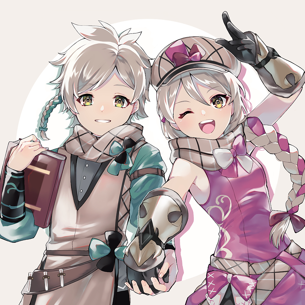 1boy 1girl ;d arm_up armpit_peek black_gloves book bow braid brother_and_sister buttons dress fire_emblem fire_emblem_engage framme_(fire_emblem) gauntlets gloves green_bow grey_background grey_hair grin hat hat_bow holding holding_book holding_hands long_hair long_sleeves looking_at_viewer medium_hair one_eye_closed open_mouth pink_bow scarf shirt siblings simple_background single_braid sleeveless sleeveless_dress smile teeth twins yomo_(yomooo1313)