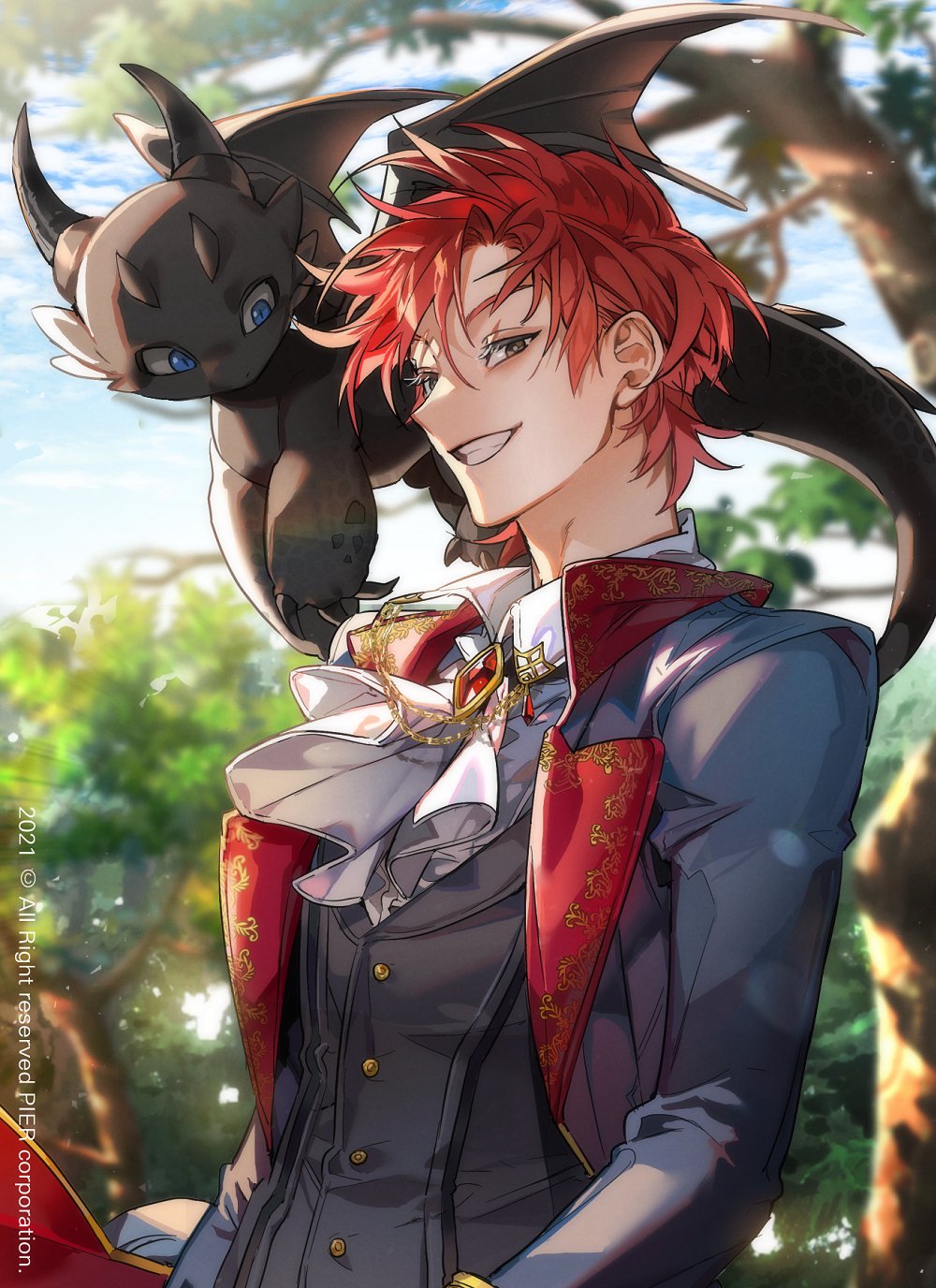 1boy blue_eyes blurry blurry_background brown_eyes cale_henituse commentary_request dappled_sunlight dragon flying gem grin highres jewelry korean_commentary long_sleeves looking_at_another looking_at_viewer lout_of_count's_family official_art panza raon_miru red_gemstone redhead short_hair smile solo sunlight upper_body western_dragon